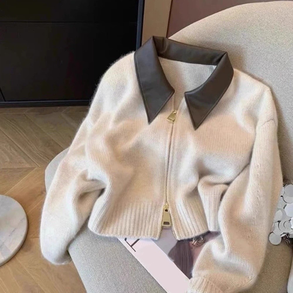 Sewing Front Zipper - Кардиган-свитер с кожаным воротником на молнии,